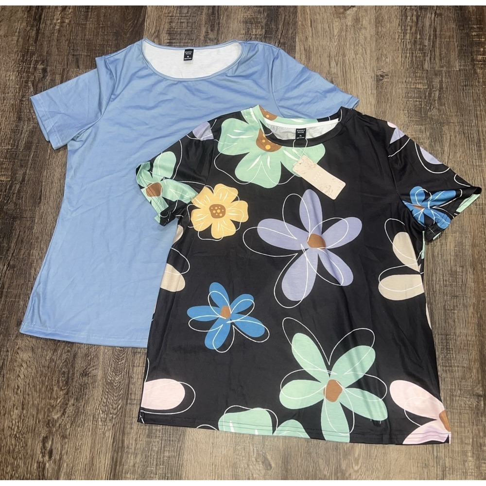 NEW 2 Women's Shein~X-LARGE~Flower & Solid BLUE Tops